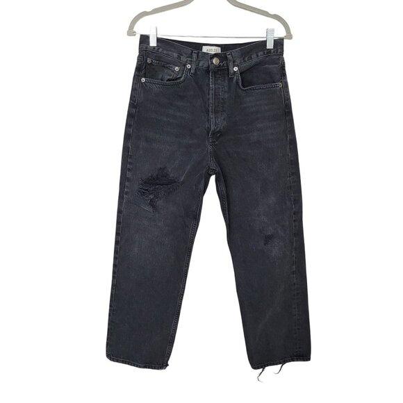 Agolde Denim - Agolde 90s Crop Mid Rise Loose Straight Jeans Womens Size 27 Black Distressed